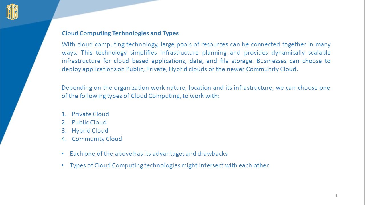 Cloud Computing Technologies and Types With cloud computing technology, large pools of resources can be connected together in many ways.