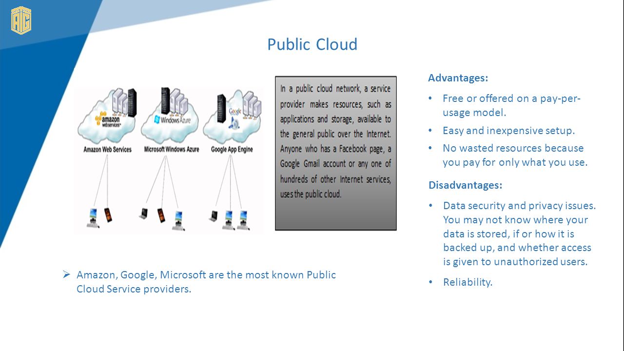 Public Cloud Advantages: Free or offered on a pay-per- usage model.