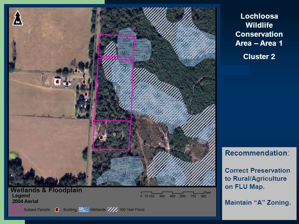 14 Lochloosa Wildlife Conservation Area – Area 1 Cluster 2 Future Land UseConservation LandsZoning WetlandsFloodplainWetlands & Floodplain Recommendation: Correct Preservation to Rural/Agriculture on FLU Map.