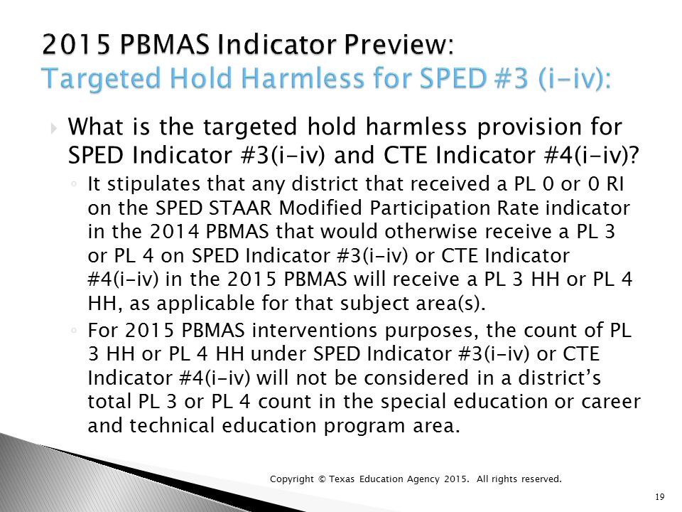  What is the targeted hold harmless provision for SPED Indicator #3(i-iv) and CTE Indicator #4(i-iv).