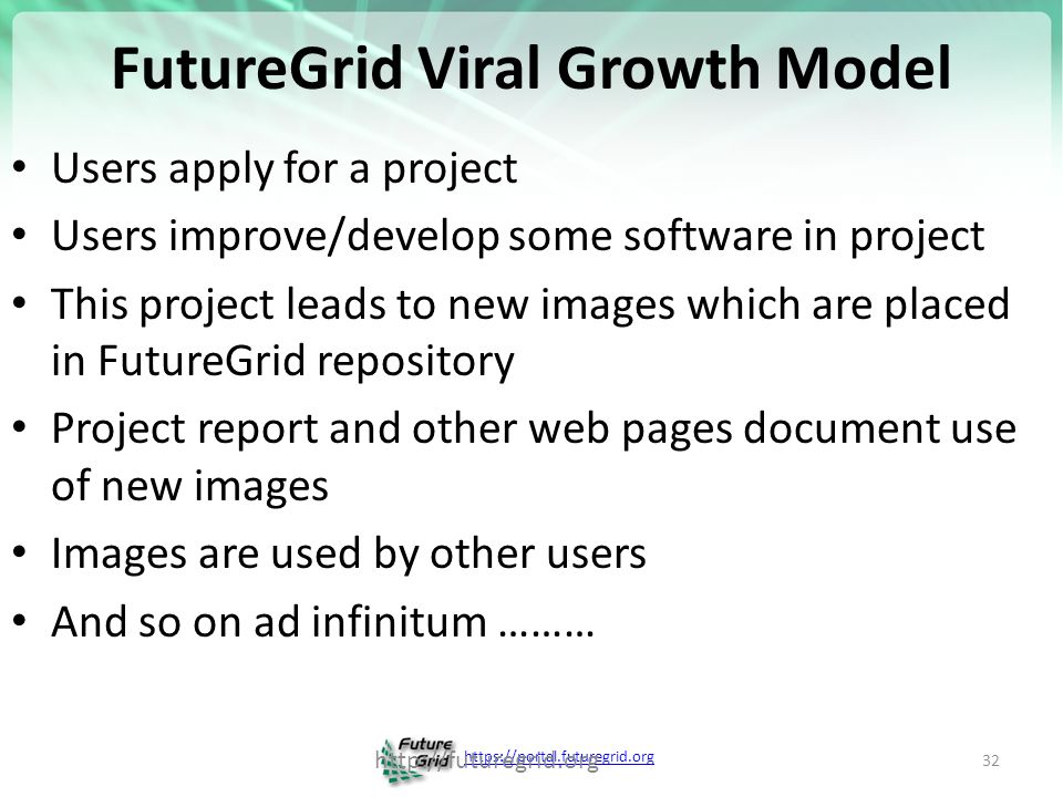 FutureGrid Viral Growth Model Users apply for a project Users improve/develop some software in project This project leads to new images which are placed in FutureGrid repository Project report and other web pages document use of new images Images are used by other users And so on ad infinitum ………   32