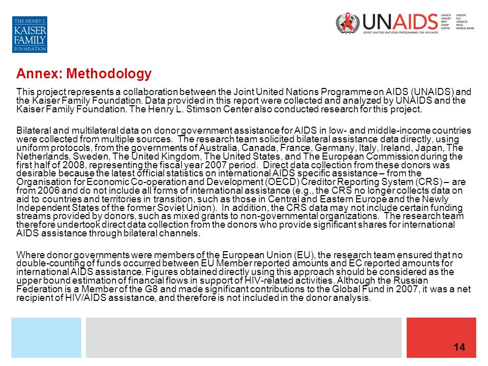 14 Annex: Methodology This project represents a collaboration between the Joint United Nations Programme on AIDS (UNAIDS) and the Kaiser Family Foundation.