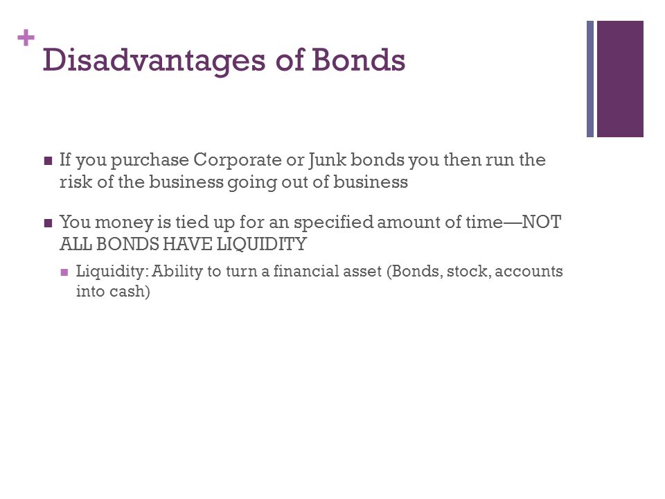 + Disadvantages of Bonds If you purchase Corporate or Junk bonds you then run the risk of the business going out of business You money is tied up for an specified amount of time—NOT ALL BONDS HAVE LIQUIDITY Liquidity: Ability to turn a financial asset (Bonds, stock, accounts into cash)