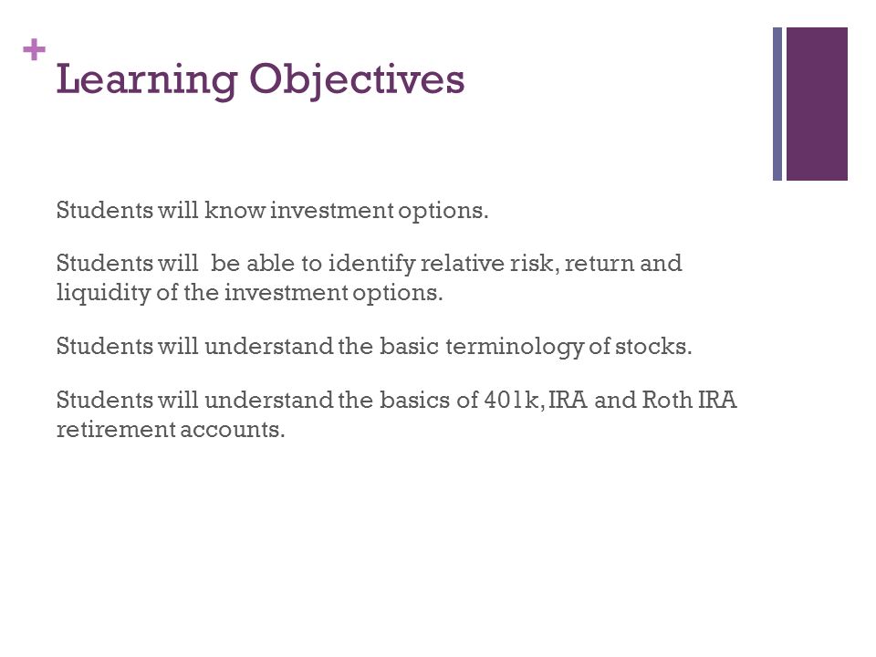 + Learning Objectives Students will know investment options.