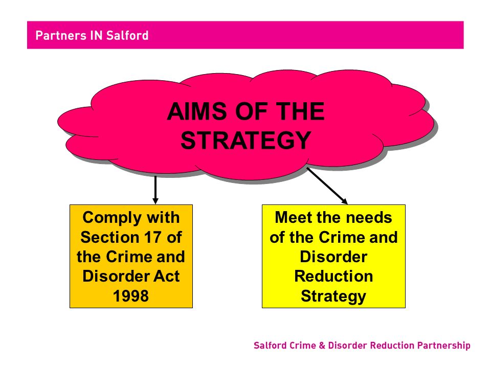 AIMS OF THE STRATEGY Comply with Section 17 of the Crime and Disorder Act 1998 Meet the needs of the Crime and Disorder Reduction Strategy