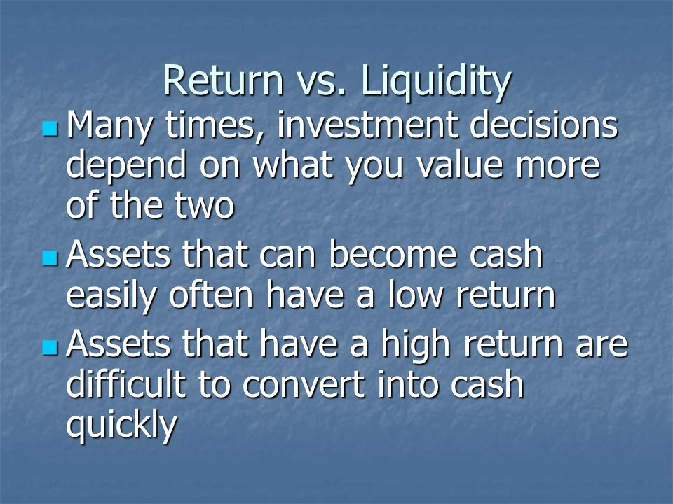 Other Key Terms Portfolio – collection of financial assets Portfolio – collection of financial assets Prospectus – an investment report provided by your intermediary Prospectus – an investment report provided by your intermediary Liquidity – the ease with which you can convert assets into cash Liquidity – the ease with which you can convert assets into cash Return – money you make on the investment Return – money you make on the investment
