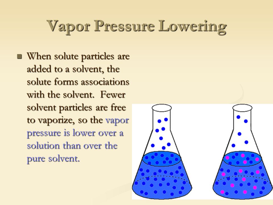 Vapor Pressure Lowering When solute particles are added to a solvent, the solute forms associations with the solvent.