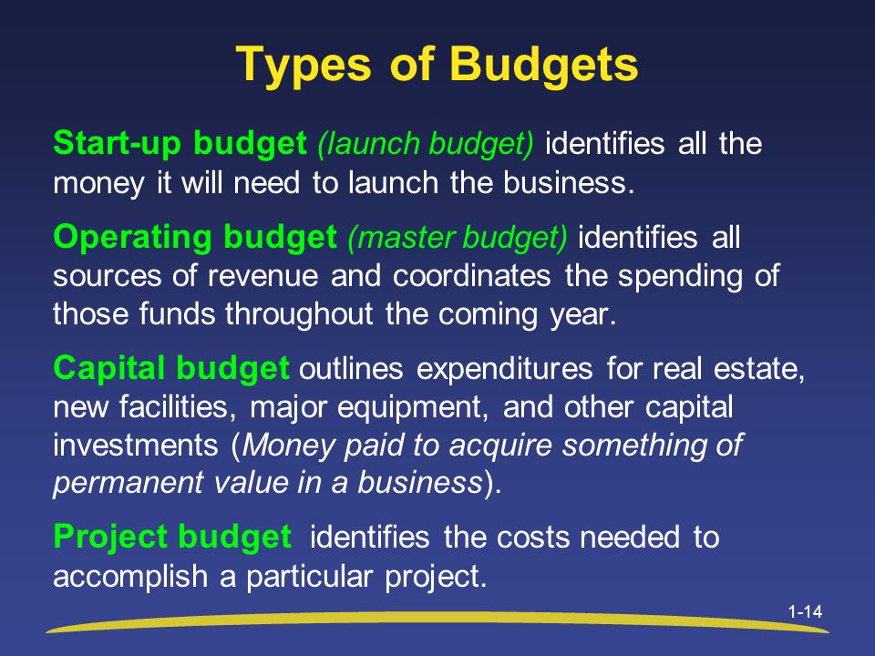 Types of Budgets Start-up budget (launch budget) identifies all the money it will need to launch the business.