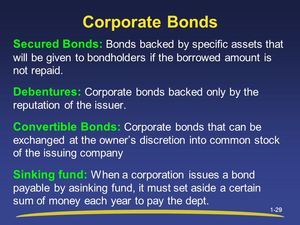 Corporate Bonds Secured Bonds: Bonds backed by specific assets that will be given to bondholders if the borrowed amount is not repaid.
