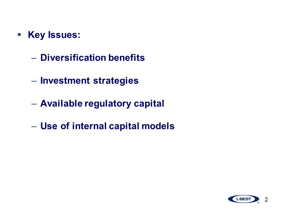 2  Key Issues: –Diversification benefits –Investment strategies –Available regulatory capital –Use of internal capital models