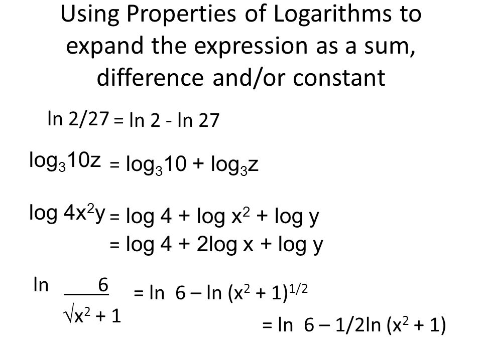 Using Properties of Logarithms to expand the expression as a sum, difference and/or constant ln 2/27 = ln 2 - ln 27 log 3 10z = log log 3 z ln 6  x log 4x 2 y = log 4 + log x 2 + log y = log 4 + 2log x + log y = ln 6 – ln (x 2 + 1) 1/2 = ln 6 – 1/2ln (x 2 + 1)