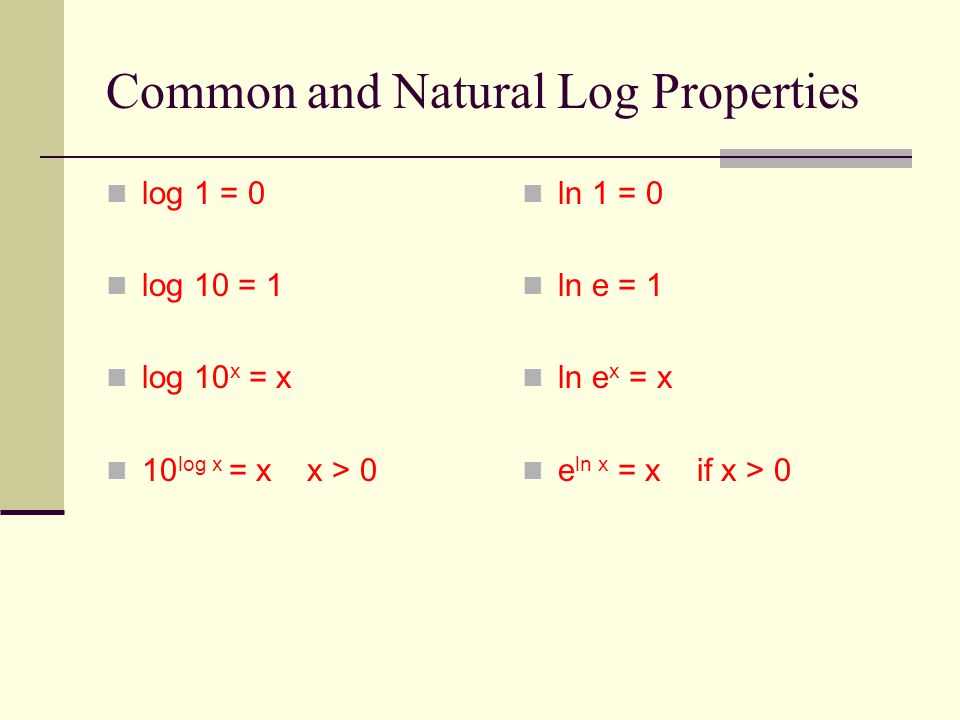 Common and Natural Log Properties log 1 = 0 log 10 = 1 log 10 x = x 10 log x = x x > 0 ln 1 = 0 ln e = 1 ln e x = x e ln x = x if x > 0