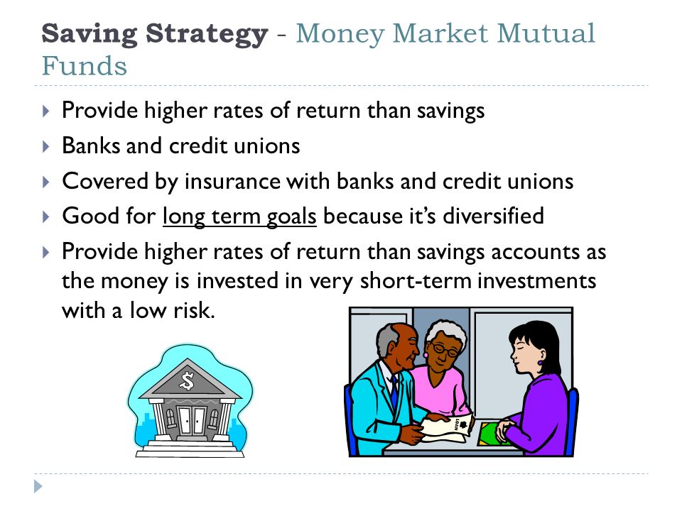 Saving Strategy - Money Market Mutual Funds  Provide higher rates of return than savings  Banks and credit unions  Covered by insurance with banks and credit unions  Good for long term goals because it’s diversified  Provide higher rates of return than savings accounts as the money is invested in very short-term investments with a low risk.