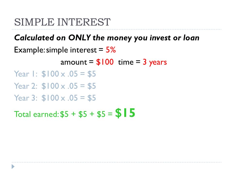 SIMPLE INTEREST Calculated on ONLY the money you invest or loan Example: simple interest = 5% amount = $100 time = 3 years Year 1: $100 x.05 = $5 Year 2: $100 x.05 = $5 Year 3: $100 x.05 = $5 Total earned: $5 + $5 + $5 = $15
