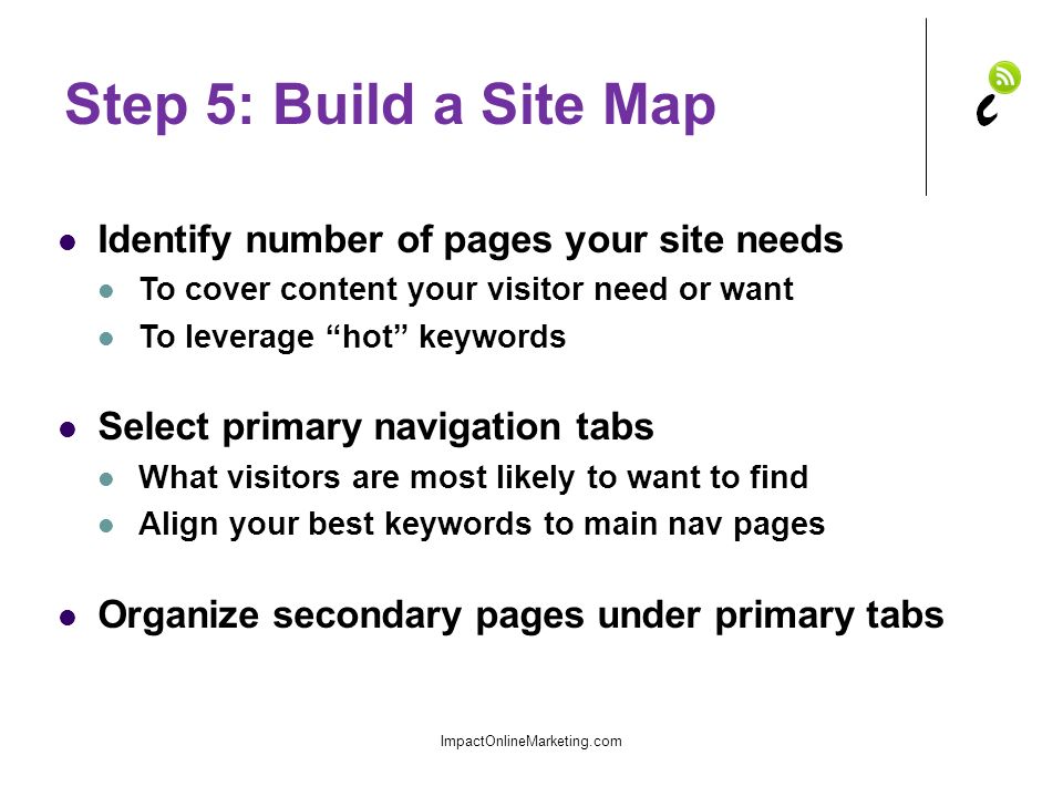 Step 5: Build a Site Map Identify number of pages your site needs To cover content your visitor need or want To leverage hot keywords Select primary navigation tabs What visitors are most likely to want to find Align your best keywords to main nav pages Organize secondary pages under primary tabs ImpactOnlineMarketing.com