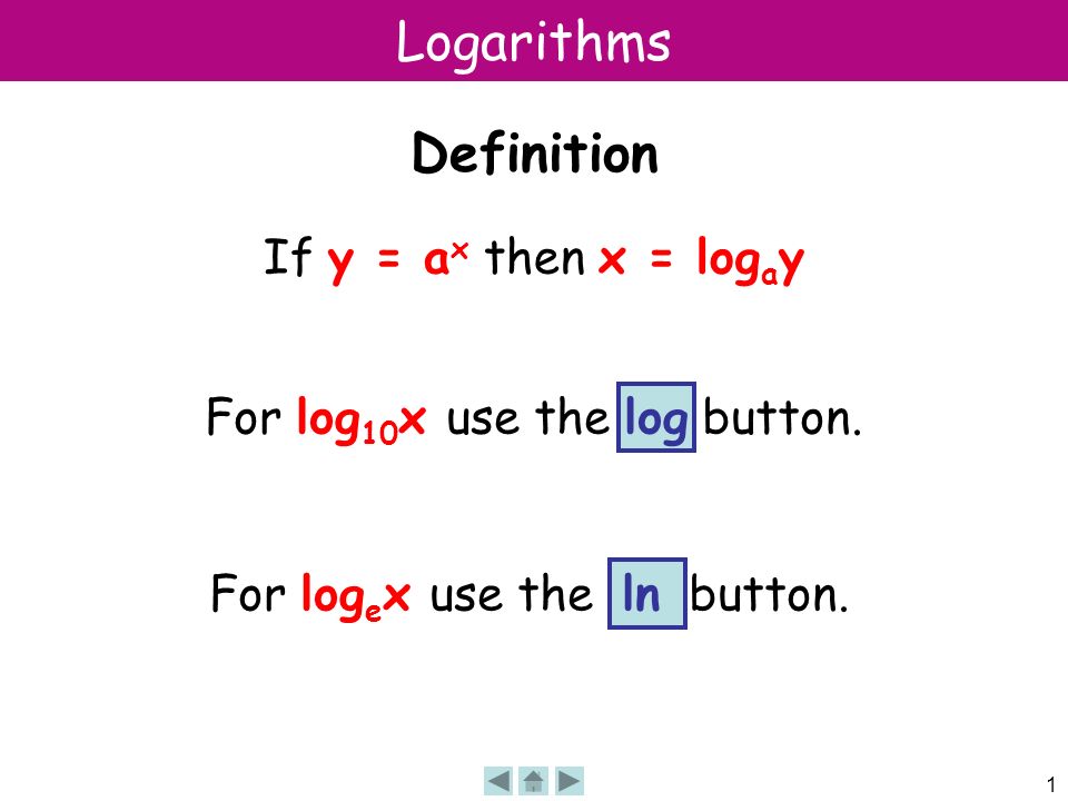 1 Logarithms Definition If y = a x then x = log a y For log 10 x use the log button.