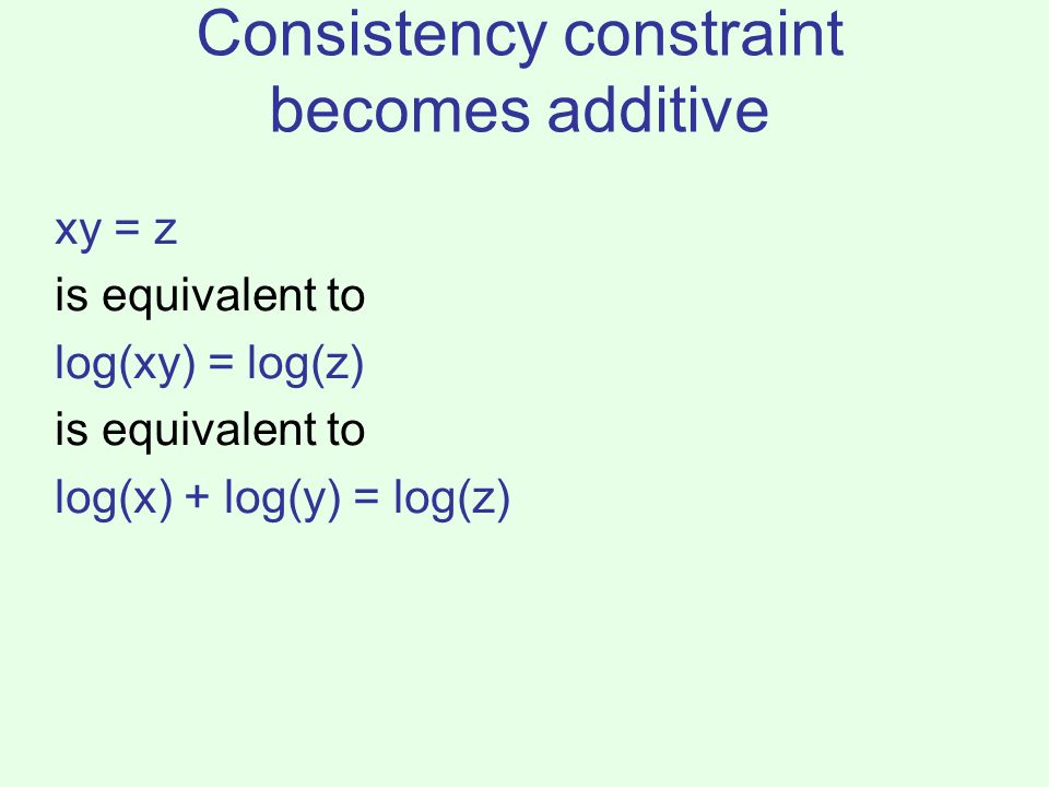 Consistency constraint becomes additive xy = z is equivalent to log(xy) = log(z) is equivalent to log(x) + log(y) = log(z)
