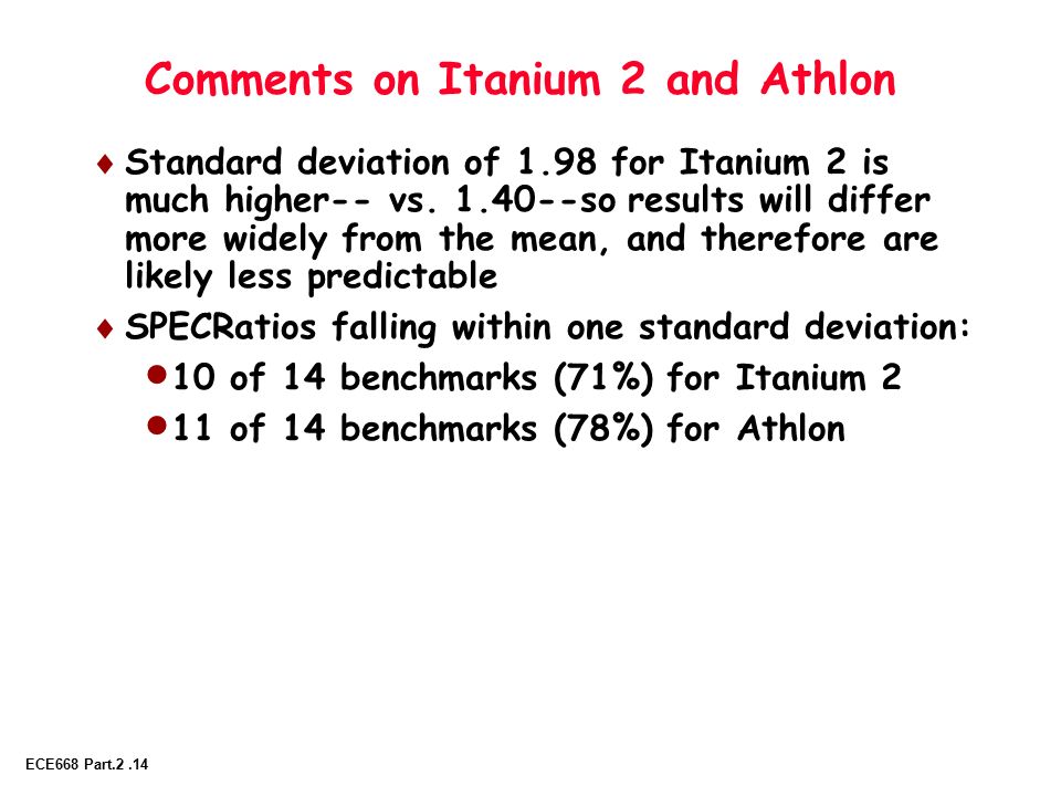 ECE668 Part.2.14 Comments on Itanium 2 and Athlon  Standard deviation of 1.98 for Itanium 2 is much higher-- vs.