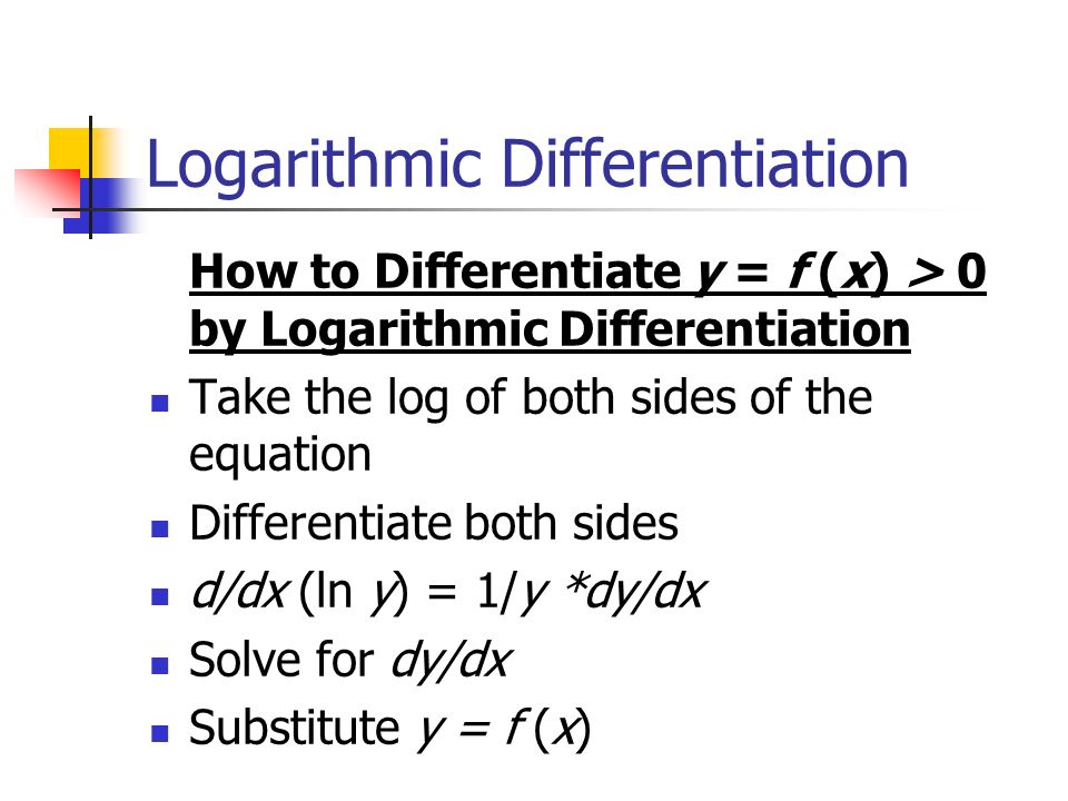 Logarithmic Differentiation How to Differentiate y = f (x) > 0 by Logarithmic Differentiation Take the log of both sides of the equation Differentiate both sides d/dx (ln y) = 1/y *dy/dx Solve for dy/dx Substitute y = f (x)