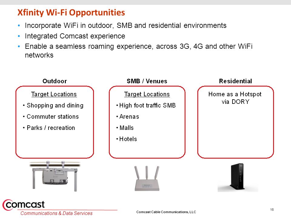 Comcast Cable Communications, LLC Communications & Data Services Xfinity Wi-Fi Opportunities Incorporate WiFi in outdoor, SMB and residential environments Integrated Comcast experience Enable a seamless roaming experience, across 3G, 4G and other WiFi networks 16