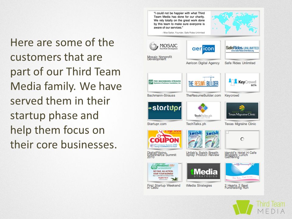 Here are some of the customers that are part of our Third Team Media family.