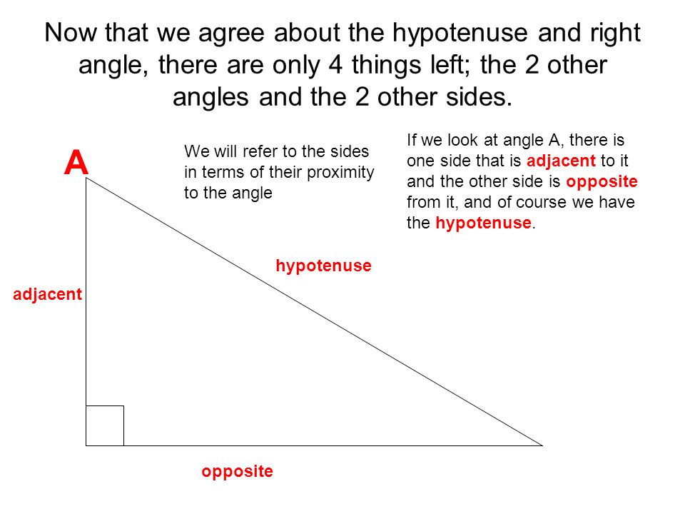 Now that we agree about the hypotenuse and right angle, there are only 4 things left; the 2 other angles and the 2 other sides.