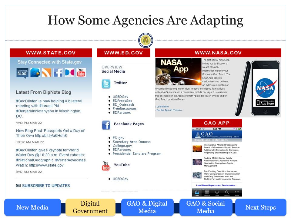 How Some Agencies Are Adapting New Media Digital Government GAO & Digital Media GAO & Social Media Next Steps