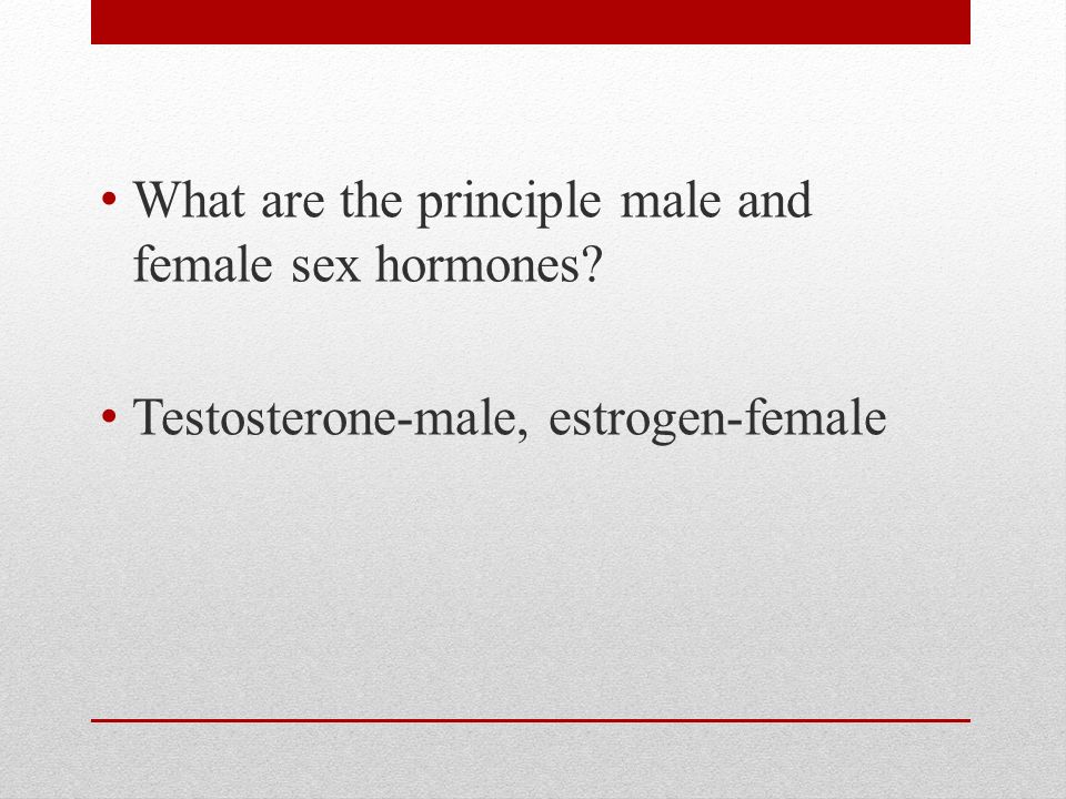 What are the principle male and female sex hormones Testosterone-male, estrogen-female