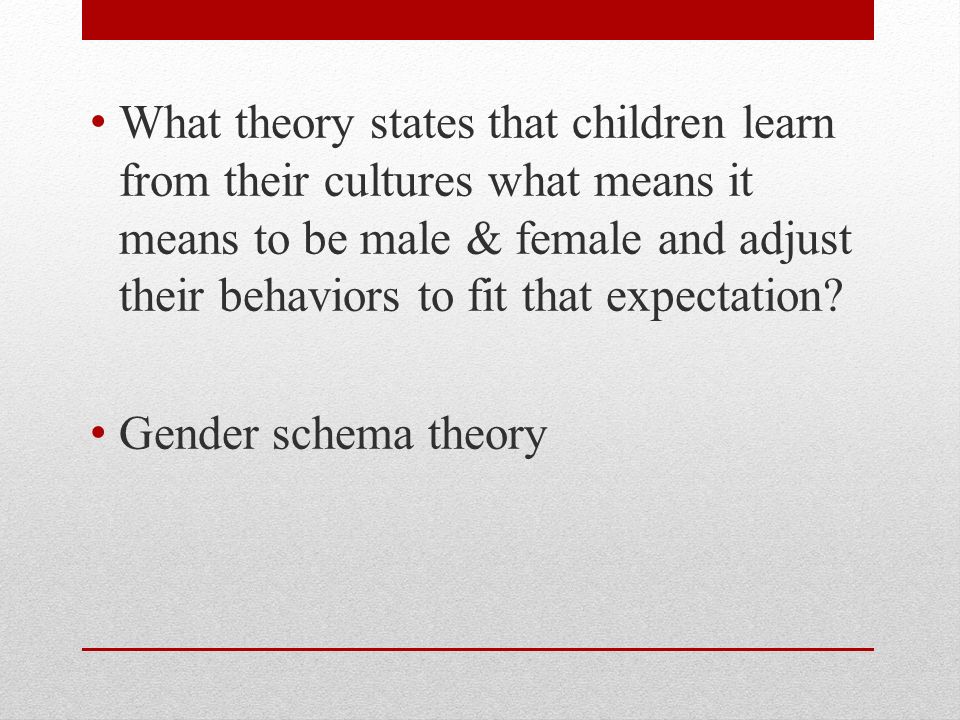 What theory states that children learn from their cultures what means it means to be male & female and adjust their behaviors to fit that expectation.