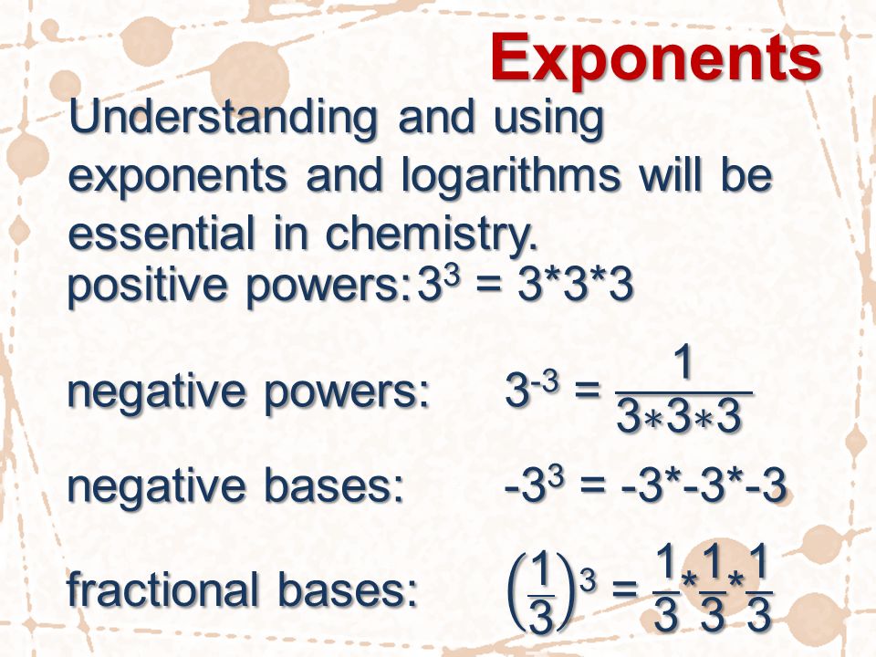 Exponents Understanding and using exponents and logarithms will be essential in chemistry.