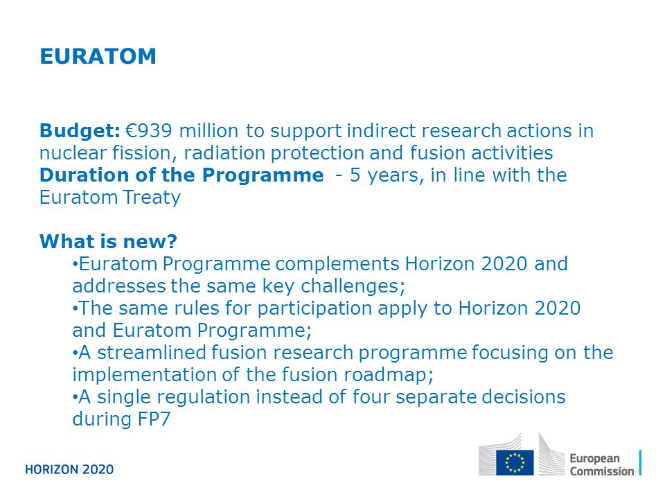 EURATOM Budget: €939 million to support indirect research actions in nuclear fission, radiation protection and fusion activities Duration of the Programme - 5 years, in line with the Euratom Treaty What is new.