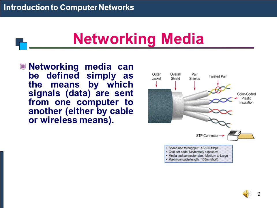 9 Networking Media Networking media can be defined simply as the means by which signals (data) are sent from one computer to another (either by cable or wireless means).