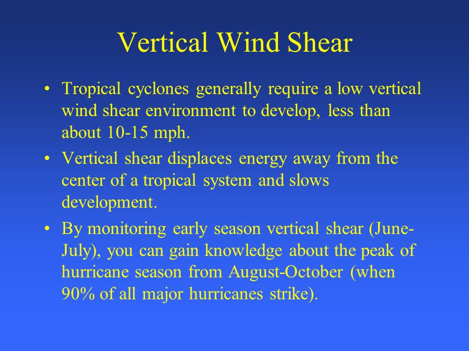 Vertical Wind Shear Tropical cyclones generally require a low vertical wind shear environment to develop, less than about mph.