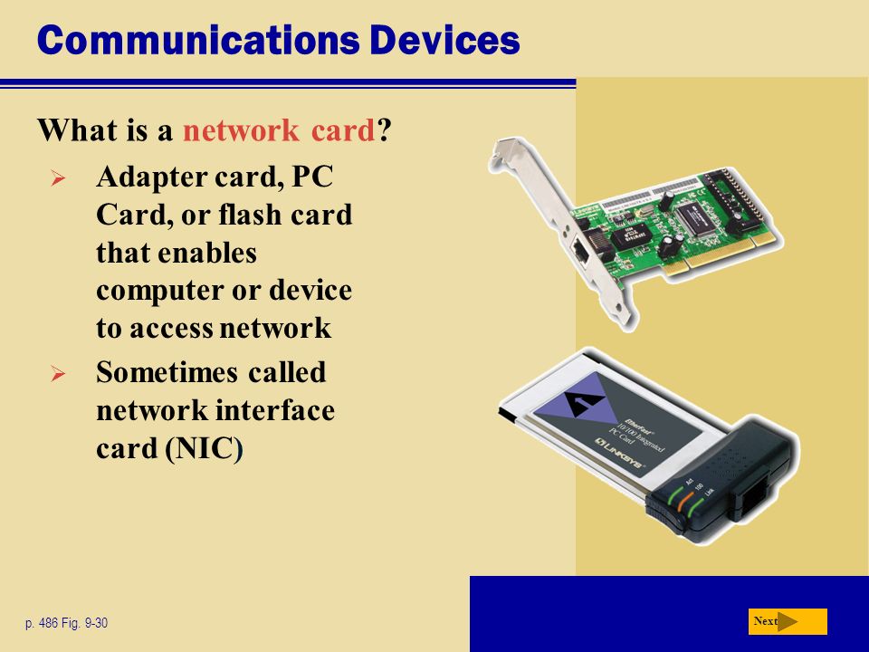 Communications Devices What is a network card. Next p.