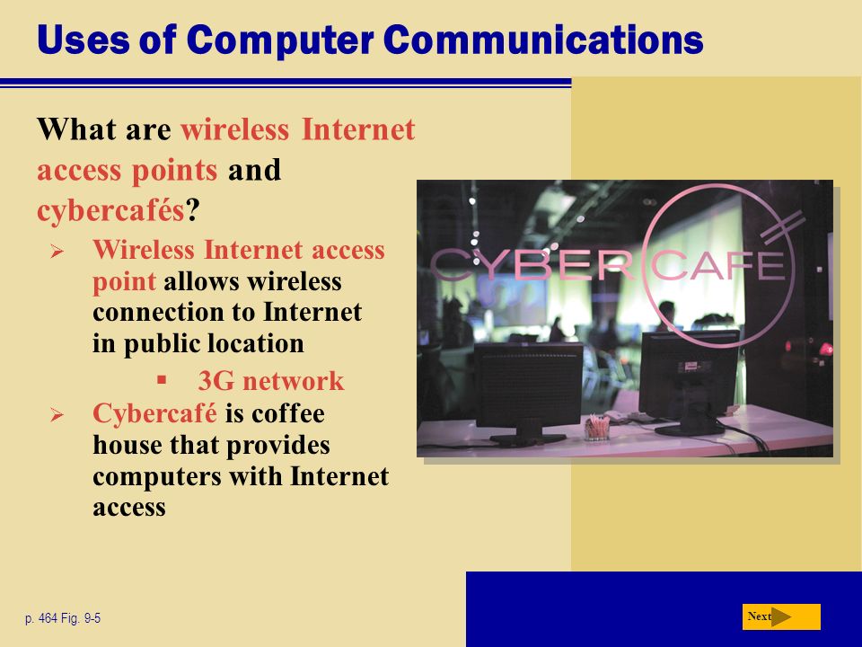 Uses of Computer Communications What are wireless Internet access points and cybercafés.