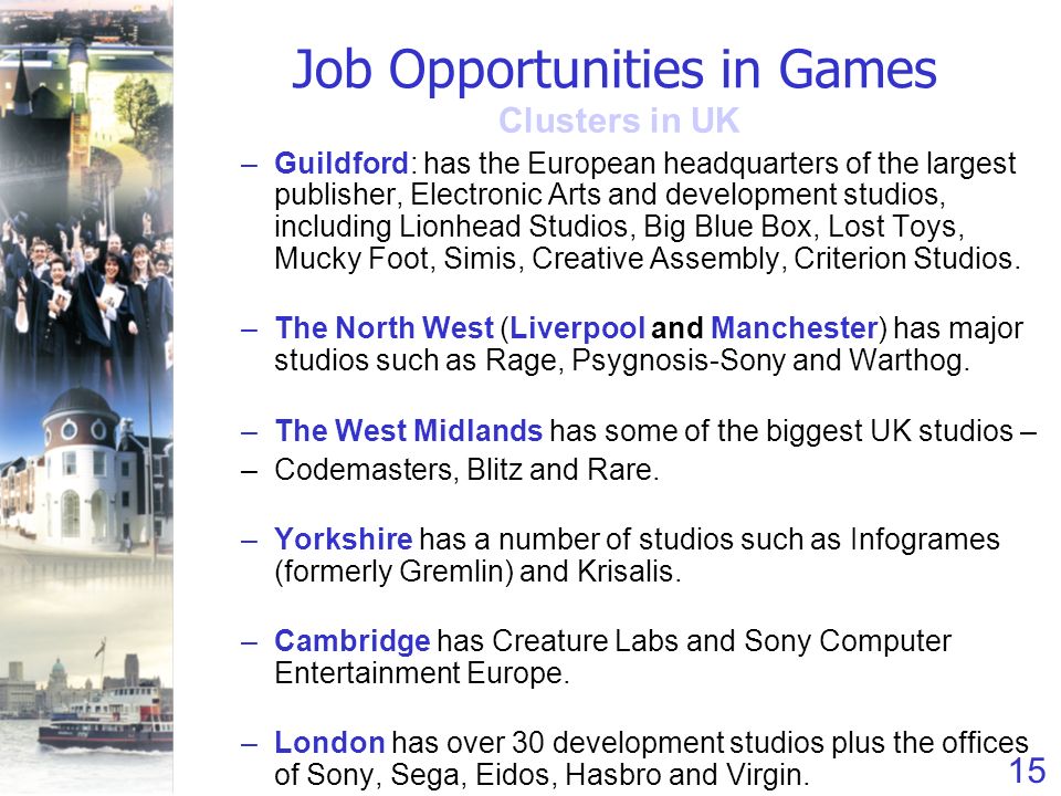 15 Job Opportunities in Games Clusters in UK –Guildford: has the European headquarters of the largest publisher, Electronic Arts and development studios, including Lionhead Studios, Big Blue Box, Lost Toys, Mucky Foot, Simis, Creative Assembly, Criterion Studios.