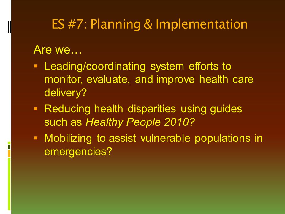 ES #7: Planning & Implementation Are we…  Leading/coordinating system efforts to monitor, evaluate, and improve health care delivery.
