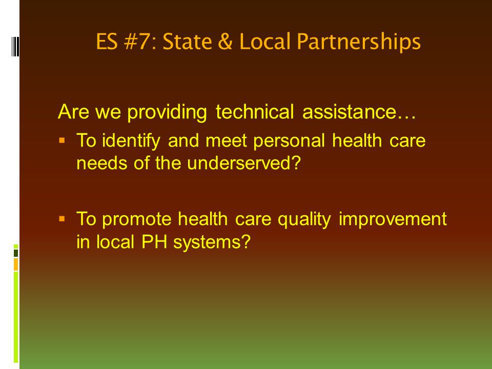 ES #7: State & Local Partnerships Are we providing technical assistance…  To identify and meet personal health care needs of the underserved.