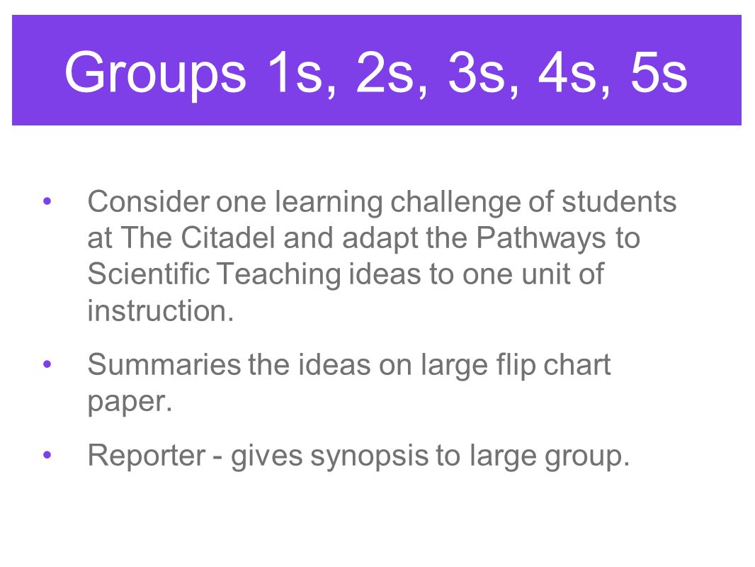 Groups 1s, 2s, 3s, 4s, 5s Consider one learning challenge of students at The Citadel and adapt the Pathways to Scientific Teaching ideas to one unit of instruction.