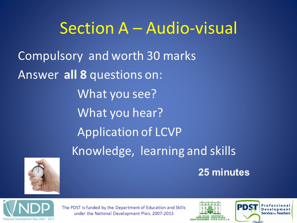 The PDST is funded by the Department of Education and Skills under the National Development Plan, Section A – Audio-visual Compulsory and worth 30 marks Answer all 8 questions on: What you see.