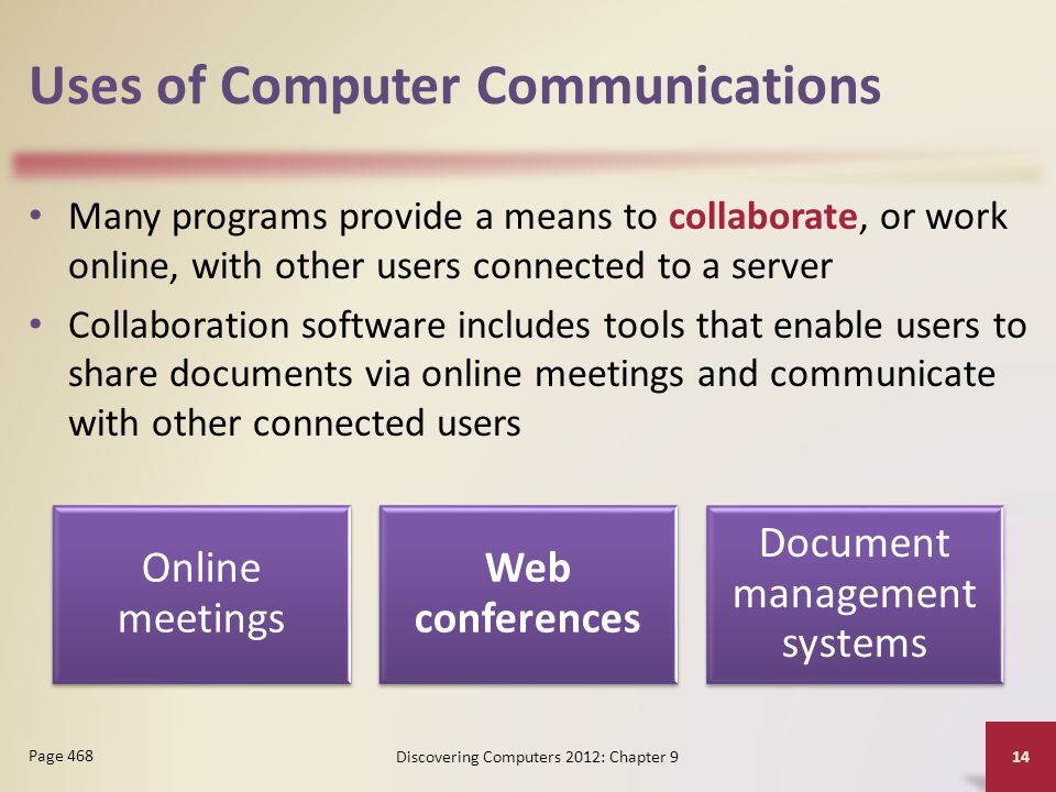 Uses of Computer Communications Many programs provide a means to collaborate, or work online, with other users connected to a server Collaboration software includes tools that enable users to share documents via online meetings and communicate with other connected users Discovering Computers 2012: Chapter 9 14 Page 468 Online meetings Web conferences Document management systems
