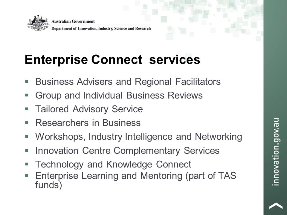 Enterprise Connect services  Business Advisers and Regional Facilitators  Group and Individual Business Reviews  Tailored Advisory Service  Researchers in Business  Workshops, Industry Intelligence and Networking  Innovation Centre Complementary Services  Technology and Knowledge Connect  Enterprise Learning and Mentoring (part of TAS funds)