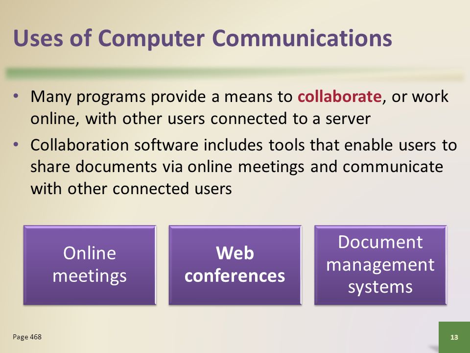 Uses of Computer Communications Many programs provide a means to collaborate, or work online, with other users connected to a server Collaboration software includes tools that enable users to share documents via online meetings and communicate with other connected users 13 Page 468 Online meetings Web conferences Document management systems