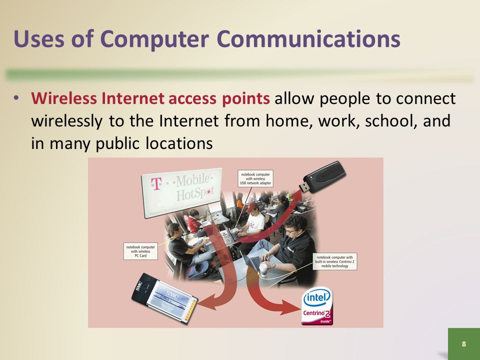 Uses of Computer Communications Wireless Internet access points allow people to connect wirelessly to the Internet from home, work, school, and in many public locations 8