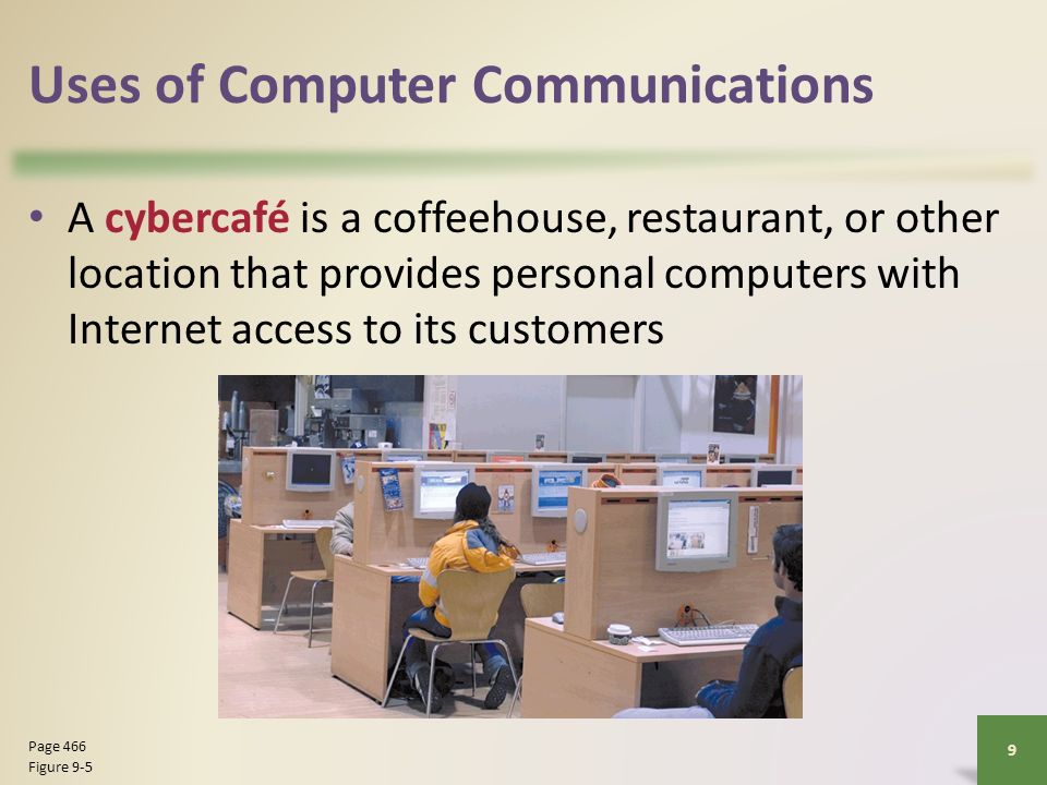 Uses of Computer Communications A cybercafé is a coffeehouse, restaurant, or other location that provides personal computers with Internet access to its customers 9 Page 466 Figure 9-5