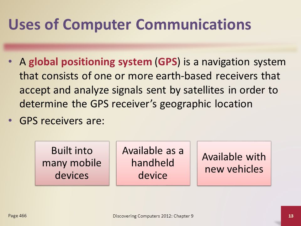 Uses of Computer Communications A global positioning system (GPS) is a navigation system that consists of one or more earth-based receivers that accept and analyze signals sent by satellites in order to determine the GPS receiver’s geographic location GPS receivers are: Discovering Computers 2012: Chapter 9 13 Page 466 Built into many mobile devices Available as a handheld device Available with new vehicles