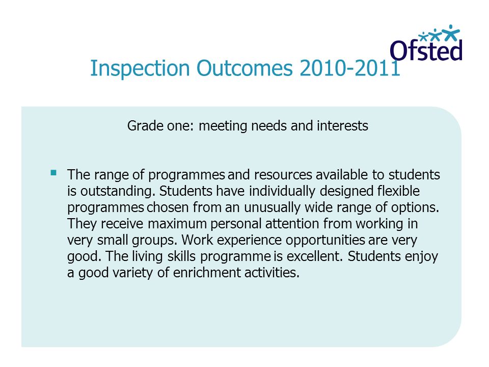 Inspection Outcomes Grade one: meeting needs and interests  The range of programmes and resources available to students is outstanding.