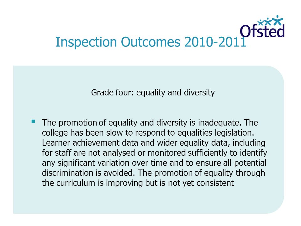 Inspection Outcomes Grade four: equality and diversity  The promotion of equality and diversity is inadequate.