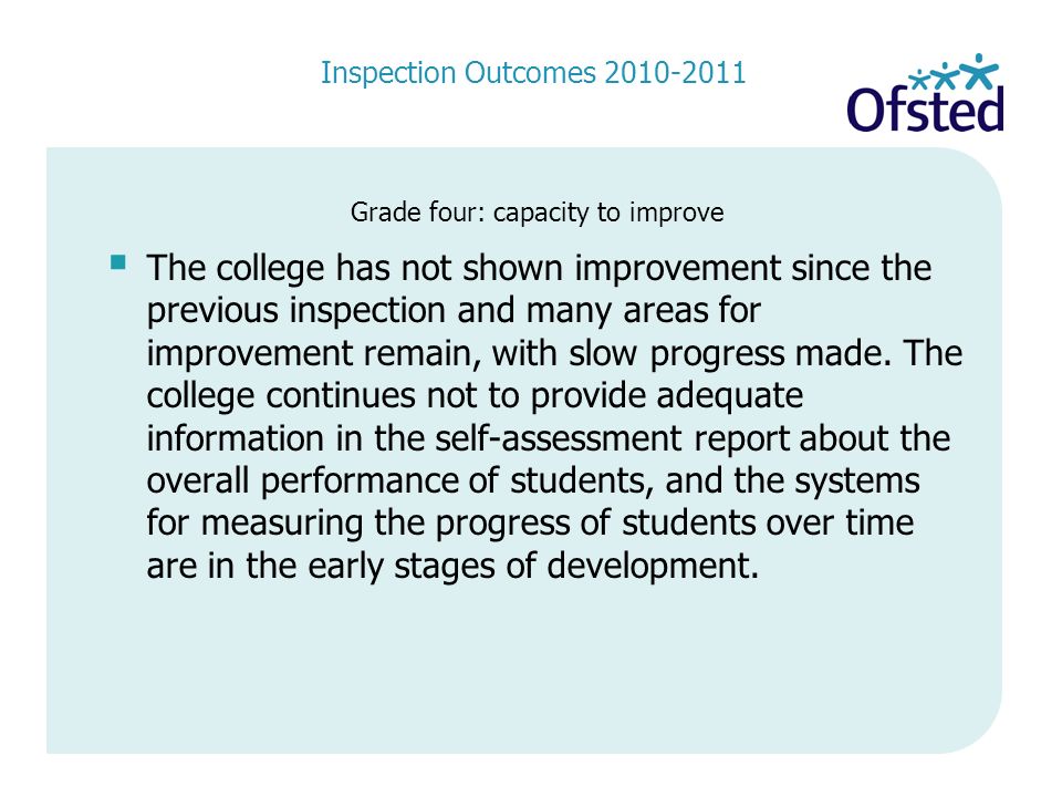 Inspection Outcomes Grade four: capacity to improve  The college has not shown improvement since the previous inspection and many areas for improvement remain, with slow progress made.