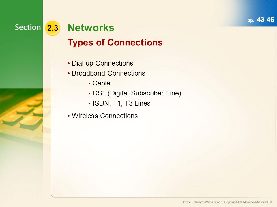 Networks Dial-up Connections Broadband Connections  Cable  DSL (Digital Subscriber Line)  ISDN, T1, T3 Lines Wireless Connections Types of Connections pp.